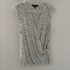 Banana Republic White Sleeveless Draped Surplice Top with Black Geometric Print